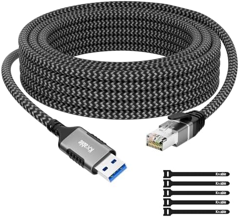 USB to Ethernet Cable 10 FT, USB 3.0 A Male to RJ45 Male Cord, Directly Connected, Aluminum Portable USB to RJ45 Gigabit LAN Network Cable for Laptop, PC, Switch, More, Braided Cable with 5 Pcs Ties