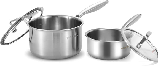 DELARLO Whole body Tri-Ply Stainless Steel Saucepan Set 1.5QT And 2.5QT With Lid,Heavy Bottom milk pan,Dishwasher Safe & Oven Safe
