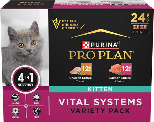 Purina Pro Plan Vital Systems Chicken and Salmon Entree Wet Kitten Food Variety Pack 4-in-1 Muscles, Brain, Immune and Bone - (Pack of 24) 3 oz. Cans