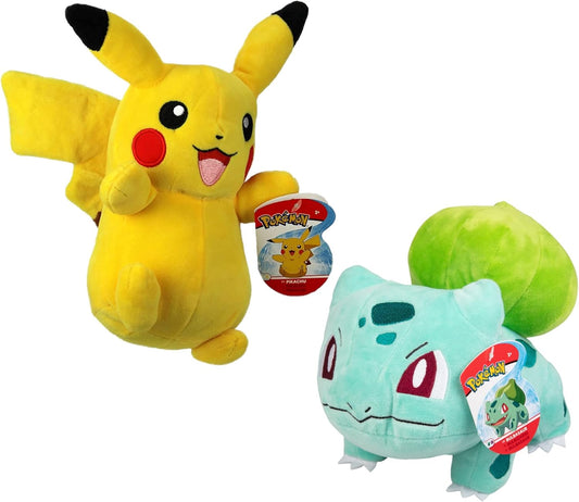 Pokemon 8" Pikachu & Bulbasaur Plush 2-Pack - Generation 1 Starter - Officially Licensed - Authentic Soft Stuffed Animal Toy Figures - Easter Basket Stuffer Gift for Kids, Boys, Girls - 2+