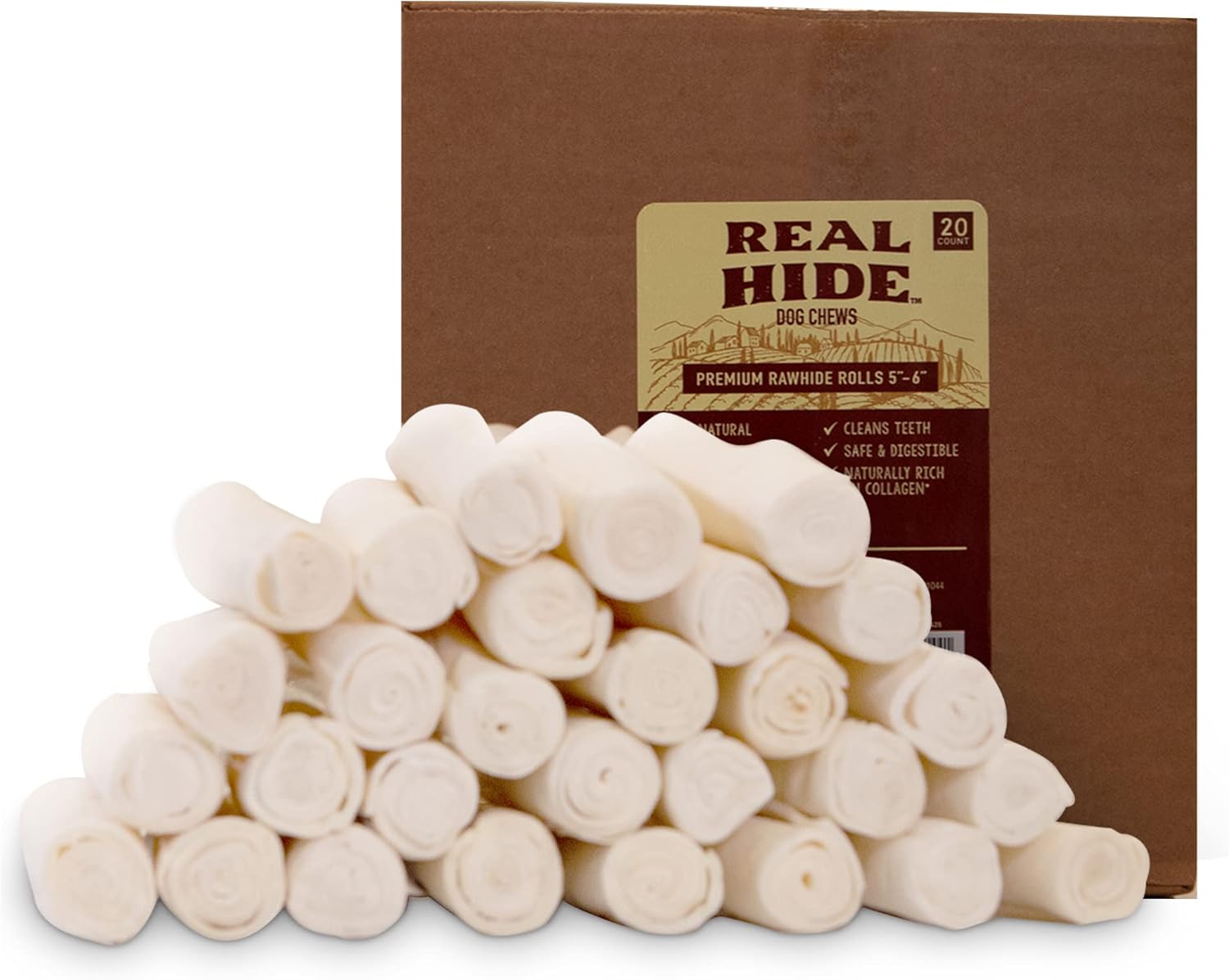 Real Hide | All Natural Dog Chew Treats - Premium Rawhide Rolls, 9-10 Inch - Long Lasting Grass Fed Free Range Beef Hide - Medium\/Large Dogs - 20 Count