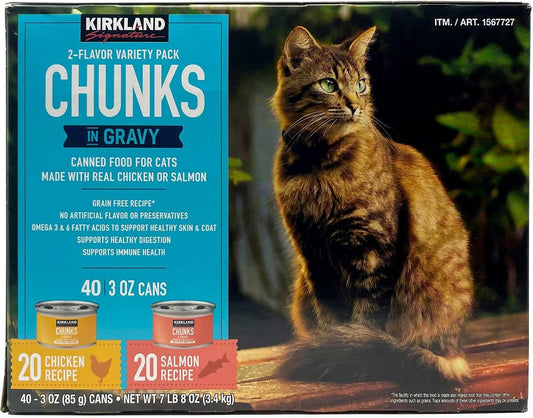 Kirkland Signature Canned Cat Food, Chunks in Gravy, Variety, 3 Ounce (40 Count)