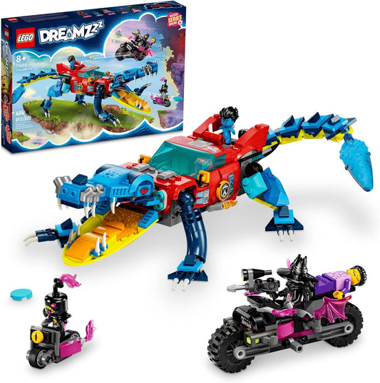 LEGO DREAMZzz Crocodile Car 71458 Building Toy Set, Rebuilds from Car to Off-Roader Truck Toy and Mini-Boat, Features Cooper, Jayden, and The Night Hunter Minifigures, Birthday Gift for 8 Year Olds