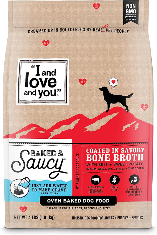 "I and love and you" Baked & Saucy Dry Dog Food with Gravy Coating, Beef & sweet Potato Recipe, Grain-Free, Prebiotics & Probiotics, Real Meat, No Fillers, 10.5 Pound Bag