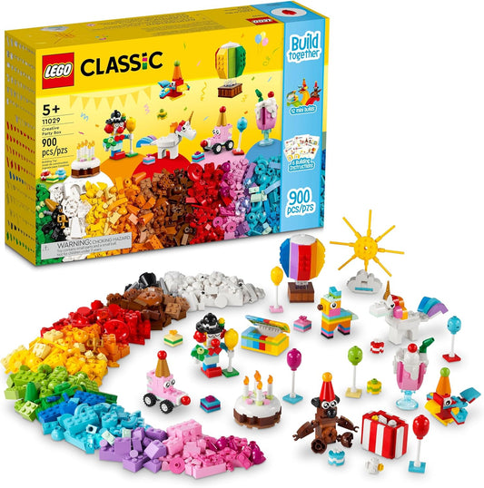 LEGO Classic Creative Party Box Bricks Set 11029, Family Games to Play Together, Includes 12 Mini-Build Toys: Teddy Bear, Clown, Unicorn, Fun for All Ages 5 Plus