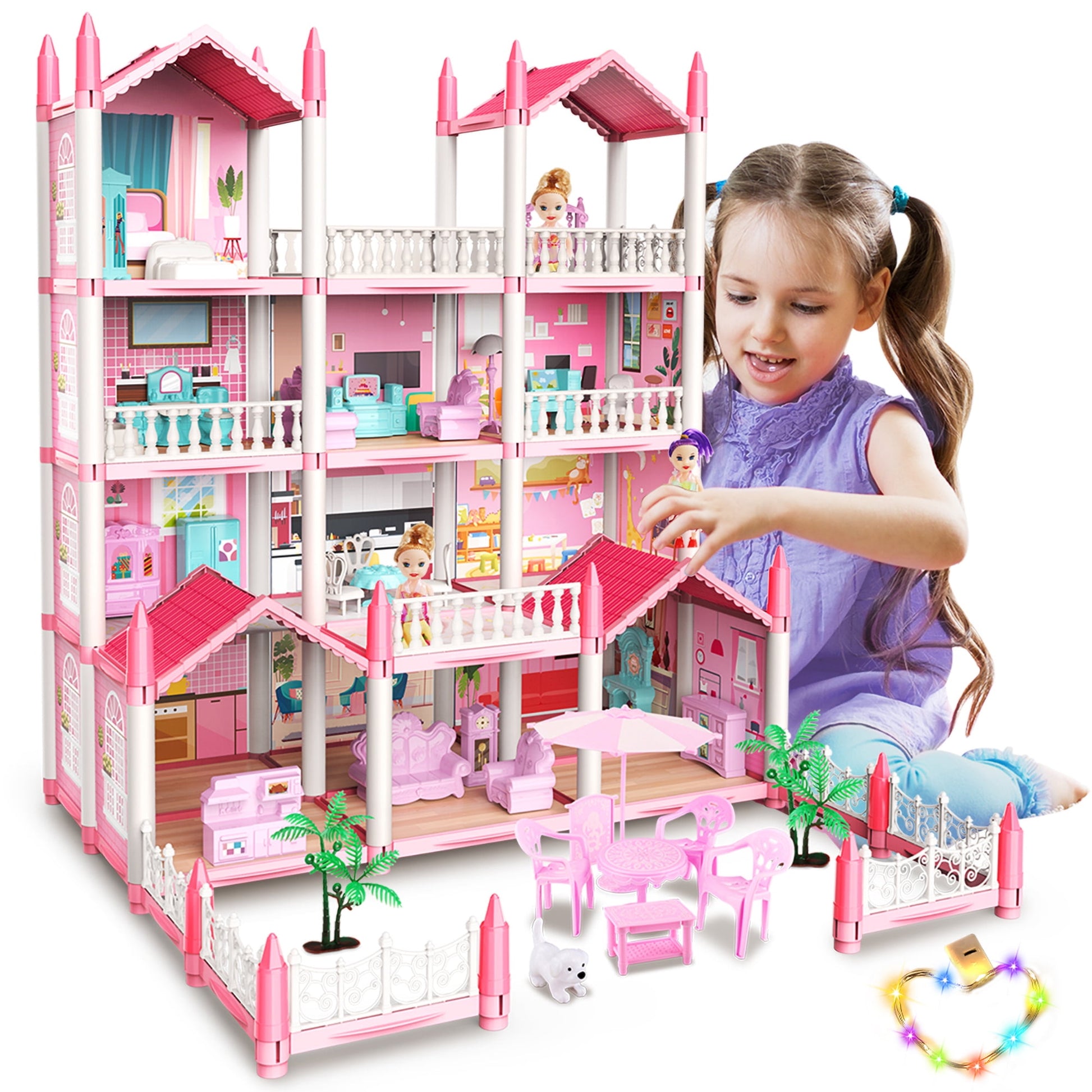 JoyStone Play Dollhouse with Doll Toy Figures, 14 Rooms Furniture and Colorful Lights, Creative Doll House Gift for Girls Ages 3+, Assemble Required, Pink